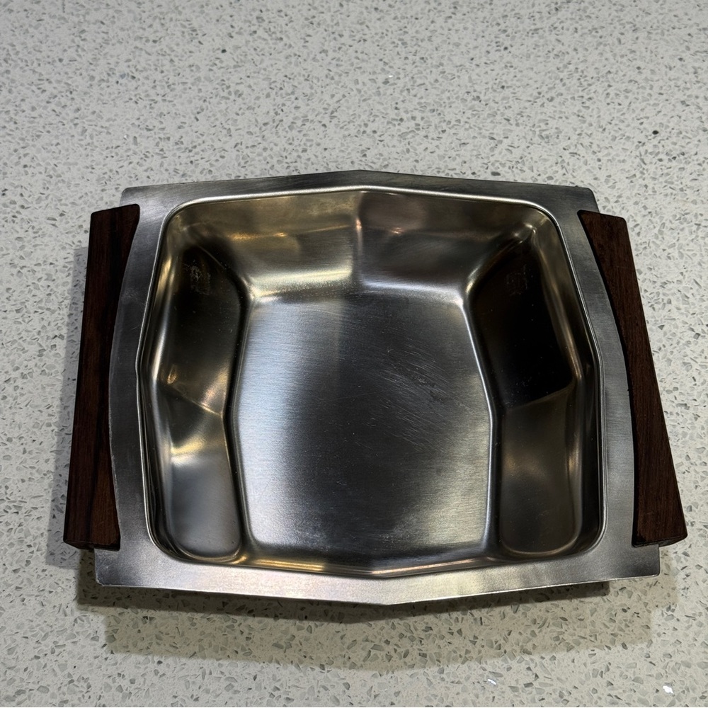 Danish Stainless Steel 18/8 Square Tray Teak Wood Handles MCM Denmark